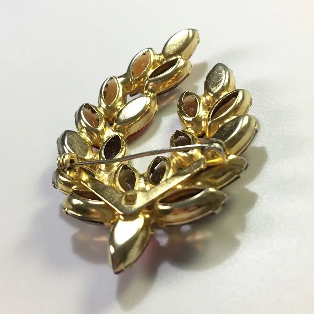 Vintage Glass Rhinestone Brooch Brown Topaz Color & Orange Navettes